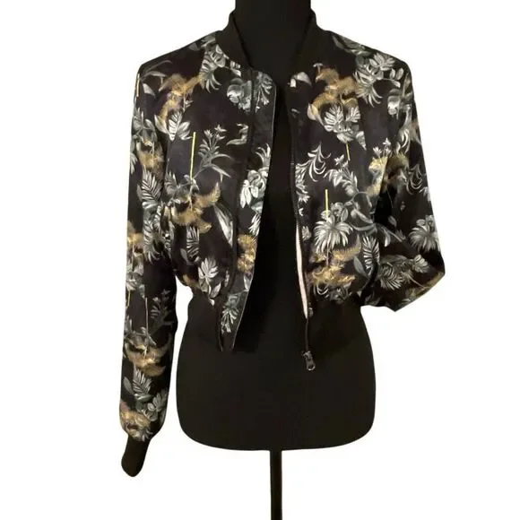 Victoria's Secret Black Luxe Palm Satin Feel Bomber Cropped Jacket - Picture 4 of 12